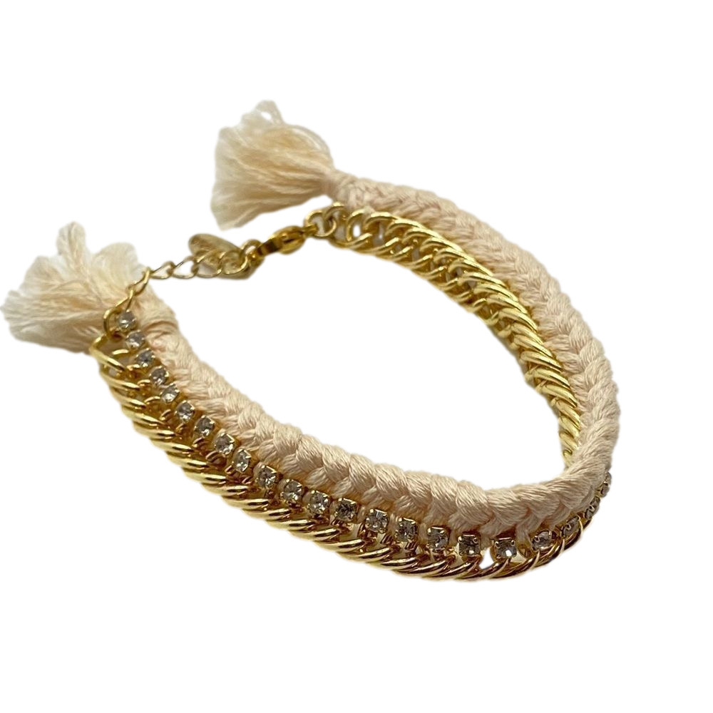 Ettika Gold Tone and rhinestone studded pink fringe adjustable bracelet
